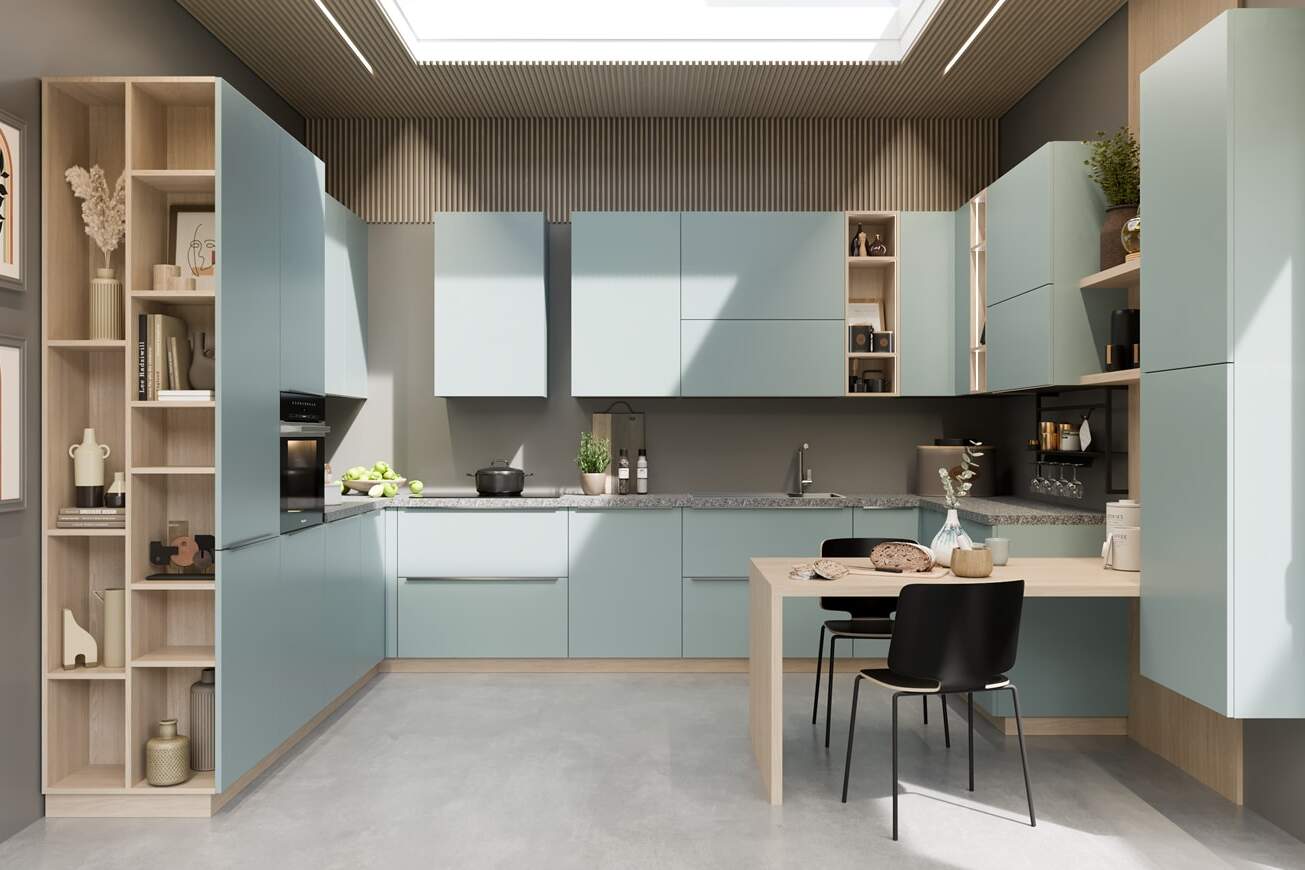 centro kitchen κουζίνα, mint, design collection, μοντέρνα κουζίνα, πράσινα ντουλάπια, ανοιχτόχρωμο ξύλο, εταζέρες, πάγκος κουζίνας, τραπέζι, νησίδα