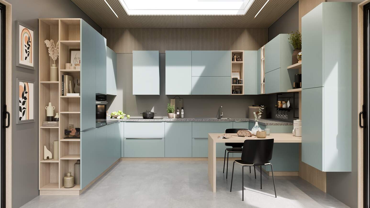 centro kitchen κουζίνα, mint, design collection, μοντέρνα κουζίνα, πράσινα ντουλάπια, ανοιχτόχρωμο ξύλο, εταζέρες, πάγκος κουζίνας, τραπέζι, νησίδα